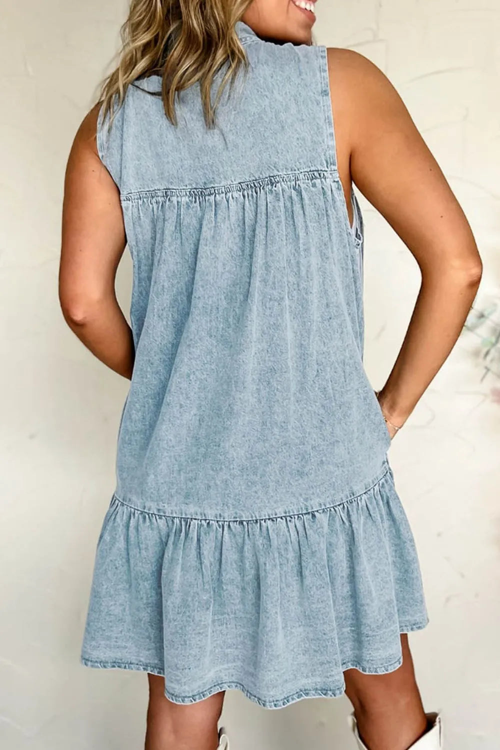 Tie Neck Sleeveless Denim Dress - Fashorio