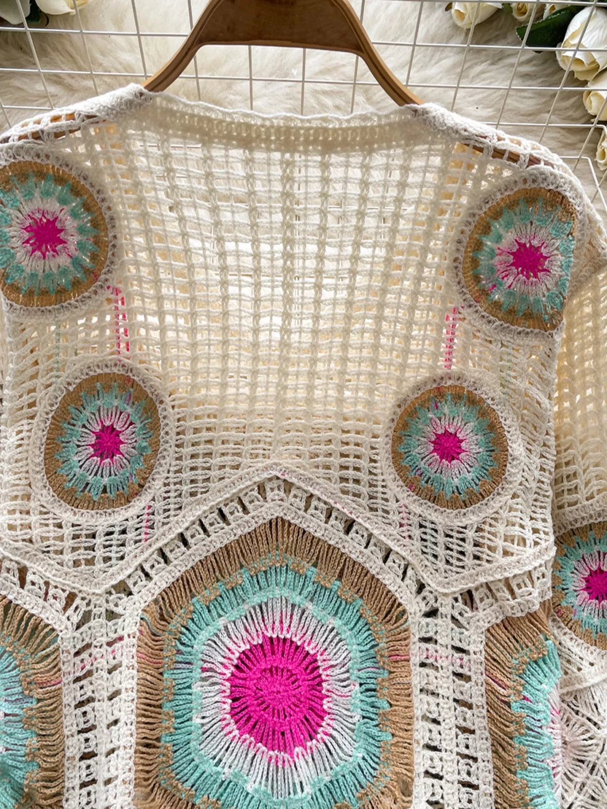 Crochet v neck knit cover up, neckline close up