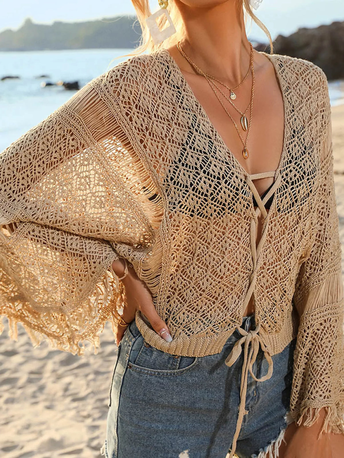 Crochet knit tie front beach cover up back view