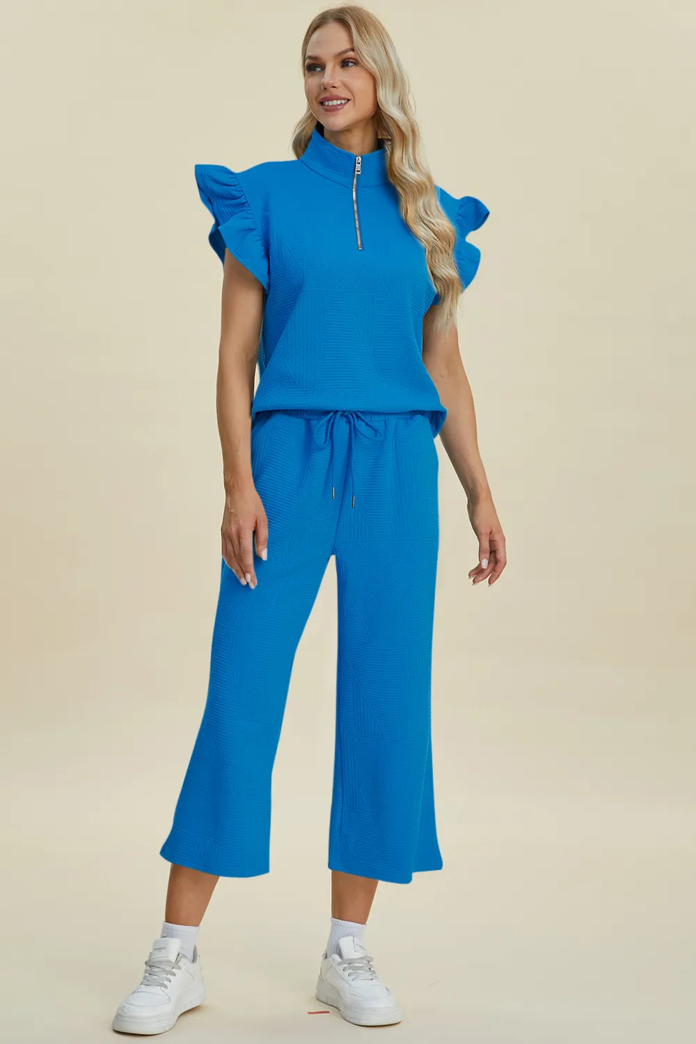 Double Take Full Size Texture Ruffle Short Sleeve Top and Wide Leg Pants Set - Fashorio