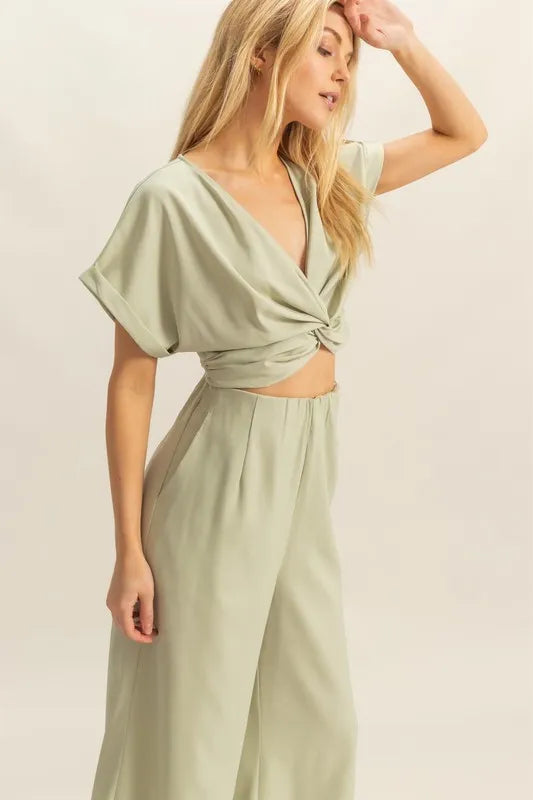 HYFVE Twisted Front Short Sleeve Top and Wide Leg Pants Set - Fashorio