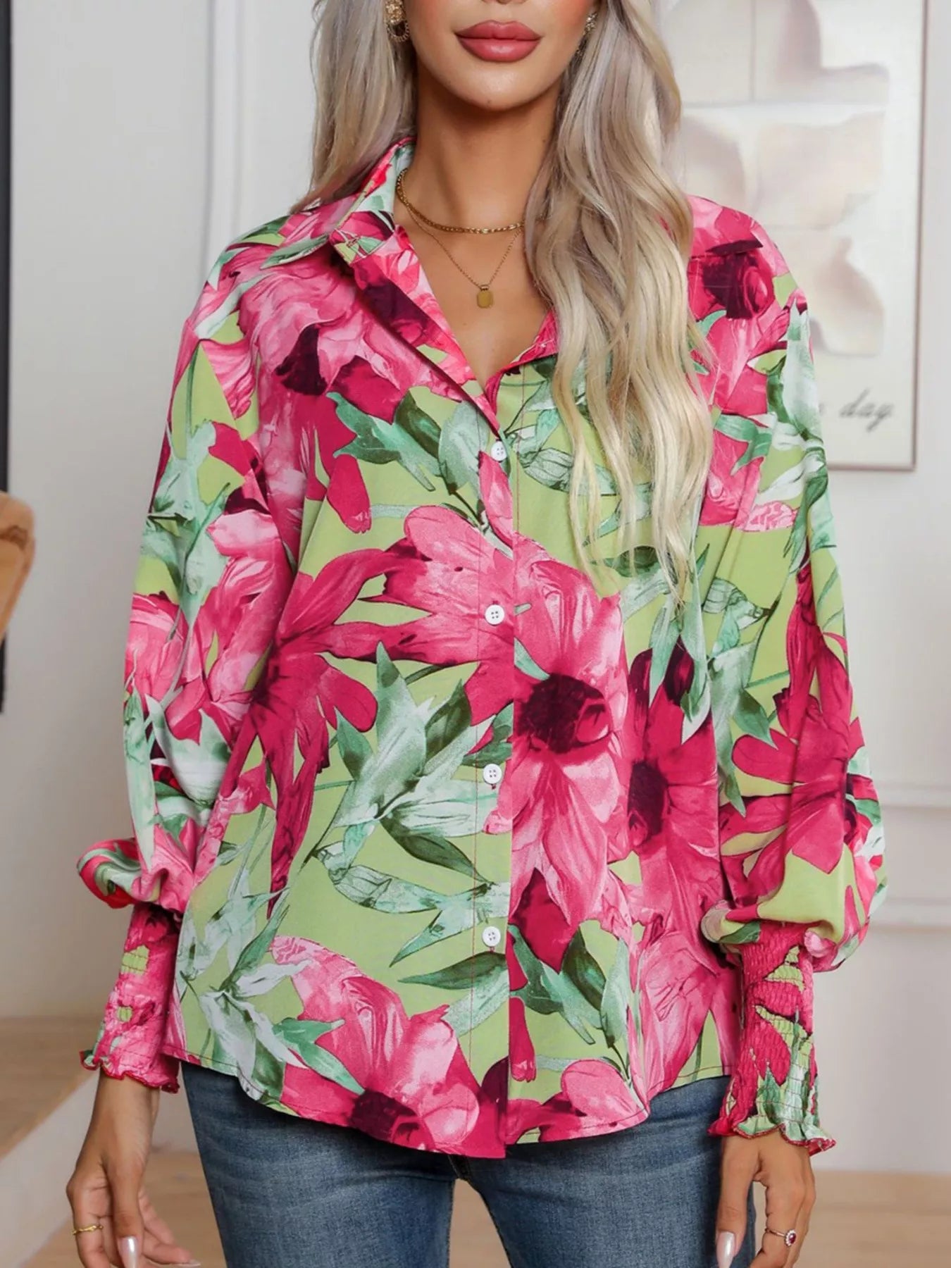 Printed Button Up Long Sleeve Shirt - Fashorio