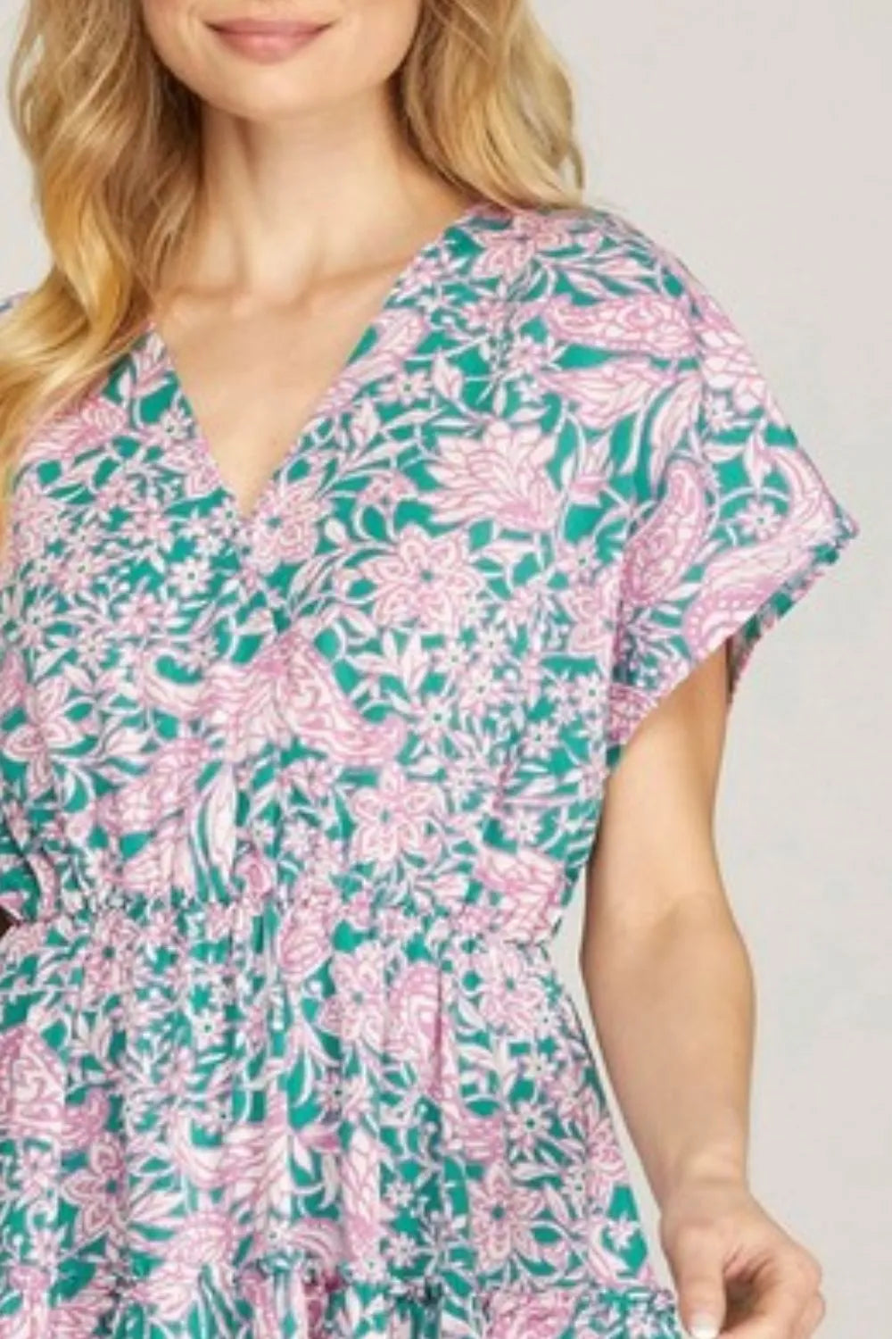 Ruffled Hem Printed Surplice Kimono Sleeve Mini Dress back view