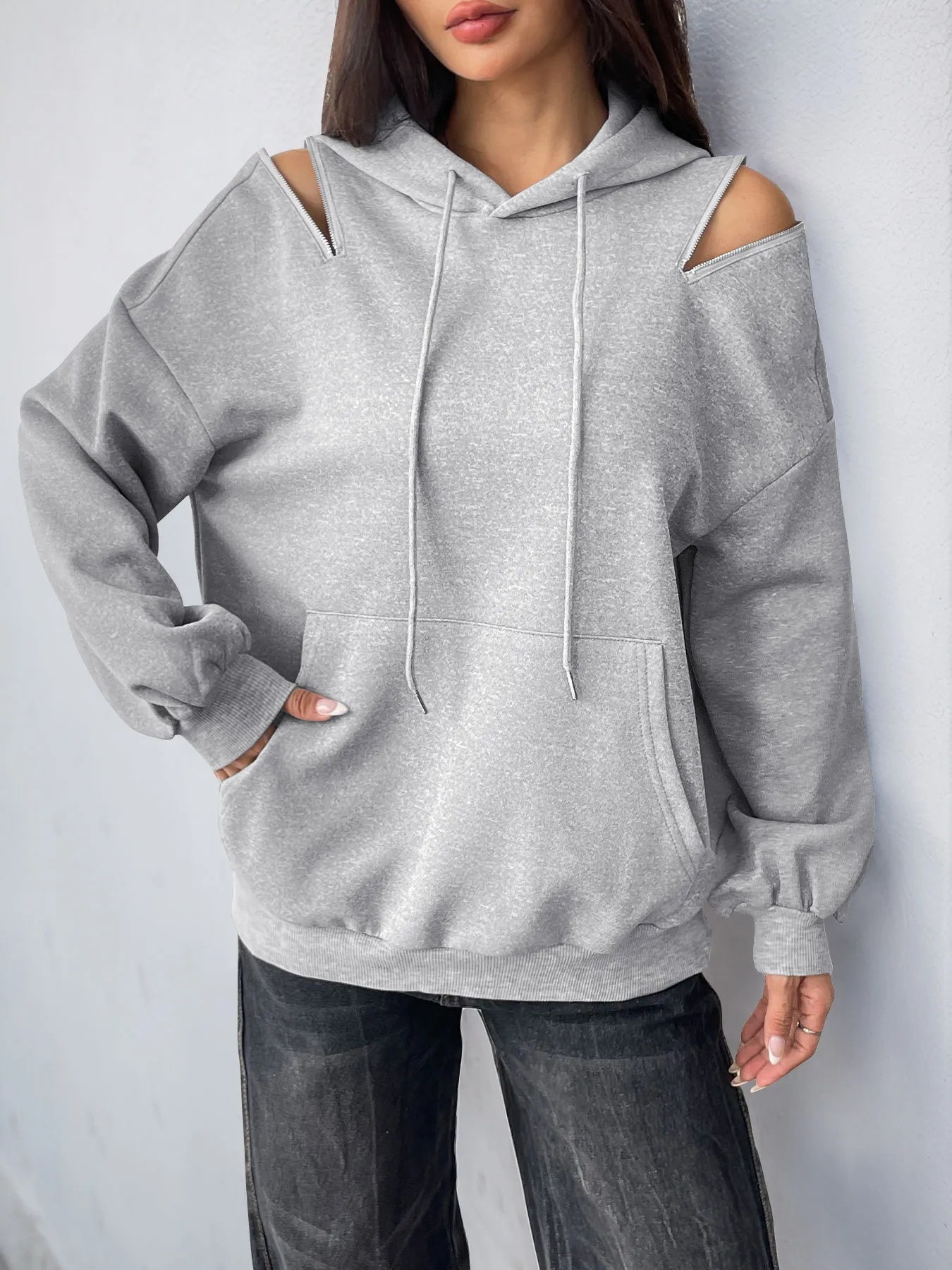 Drawstring Zip Detail Cold Shoulder Hoodie Light Gray - Fashorio
