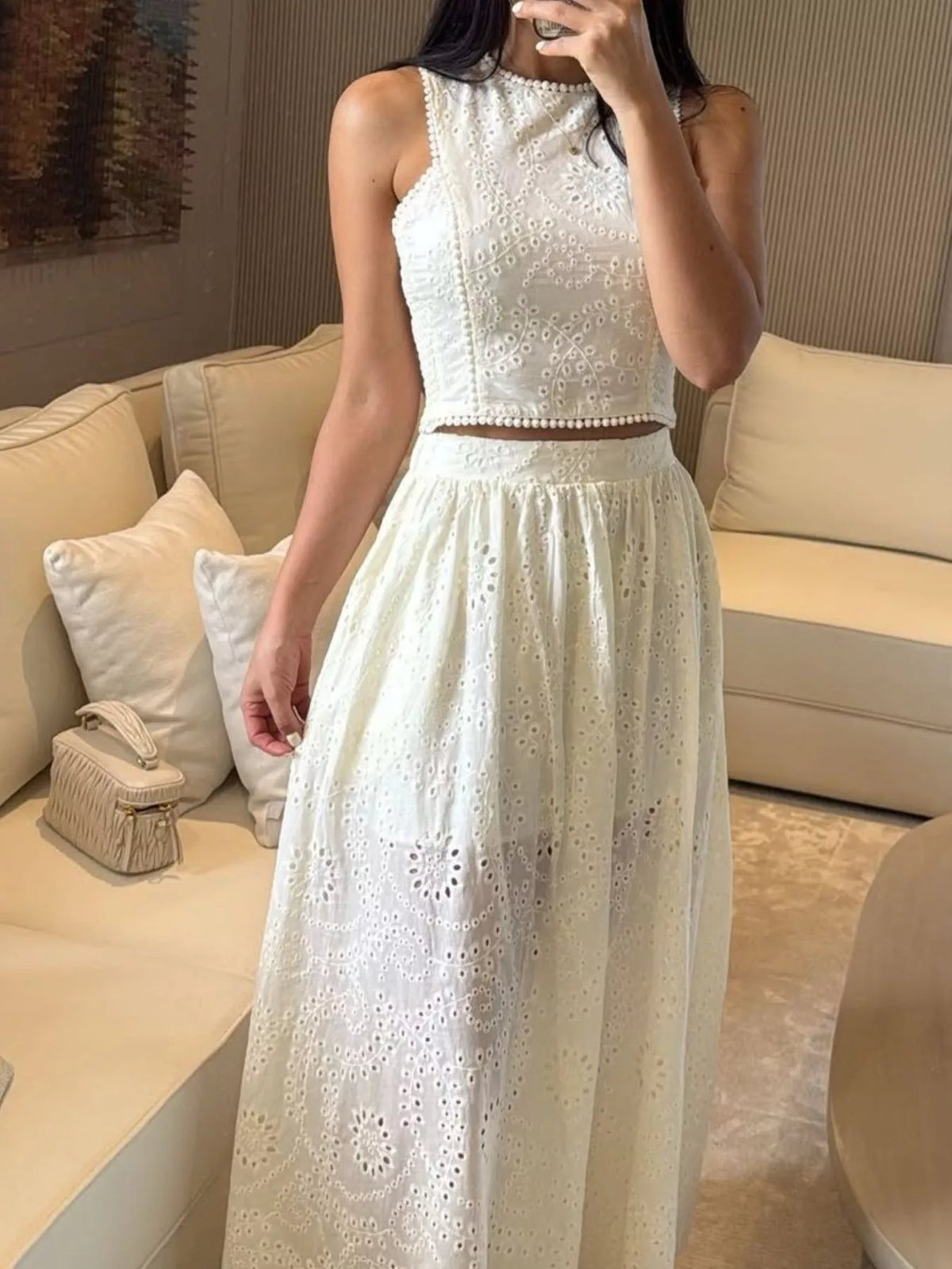 Eyelet crop top and maxi skirt set detail view