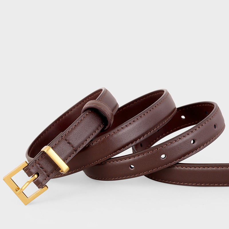 Slim gold buckle leather belt full view