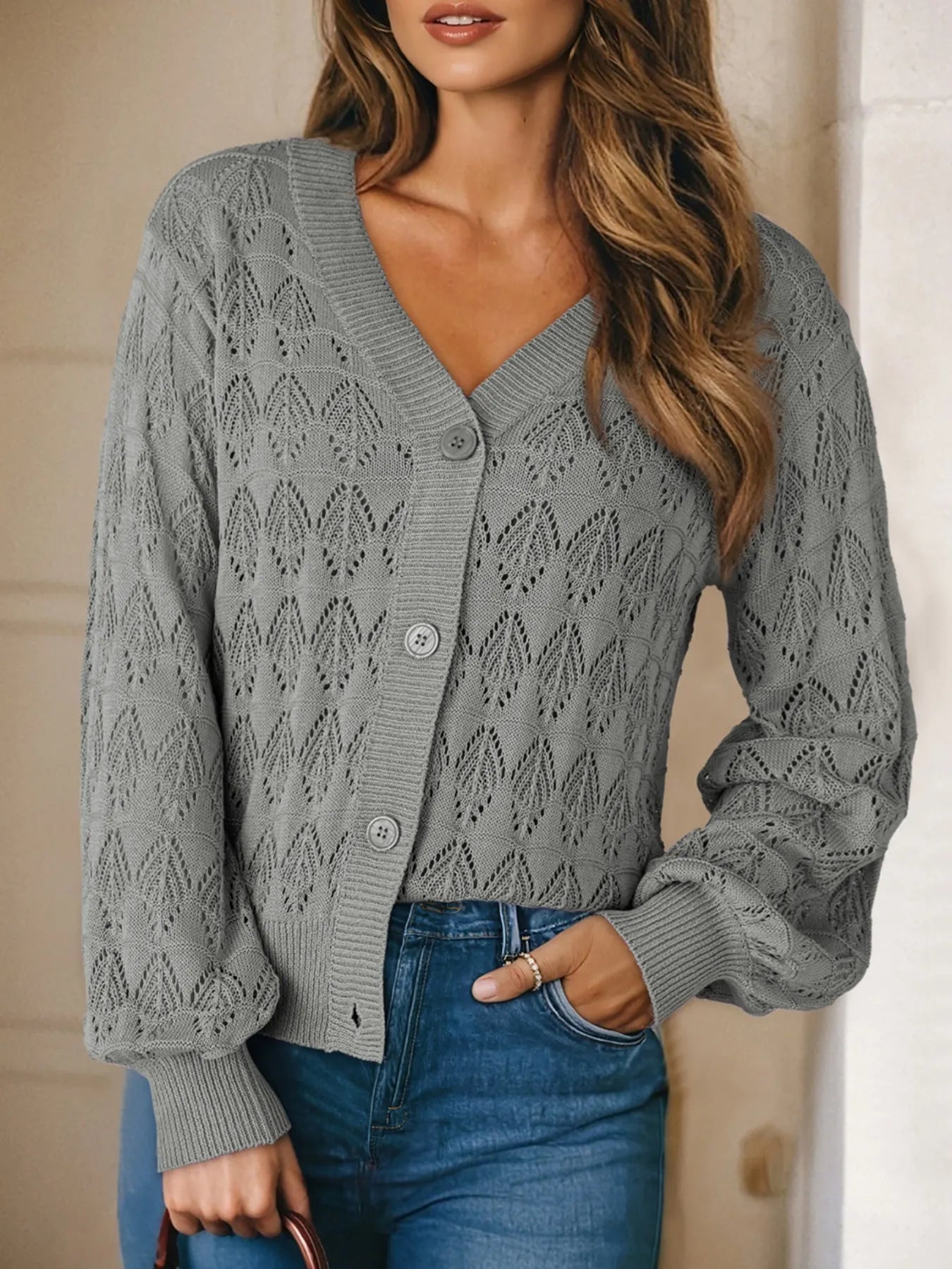 Buttoned Front Openwork Cardigan Gray - Fashorio