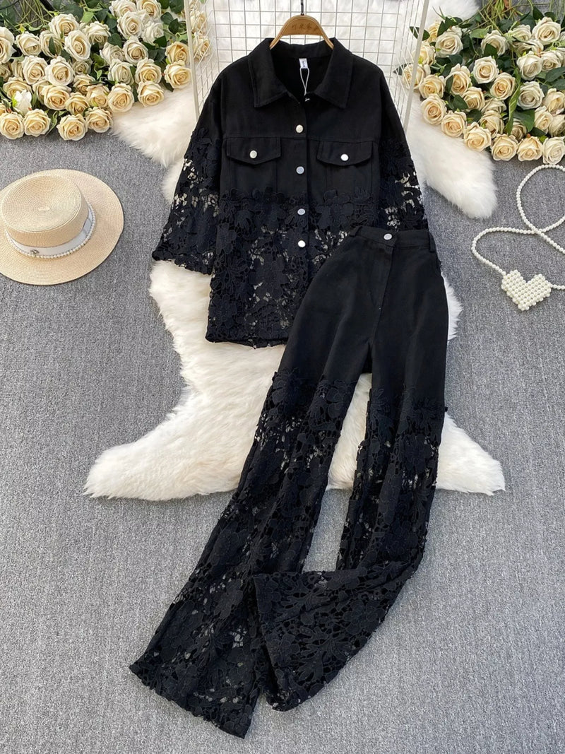 Lace patchwork shacket and pants set front view