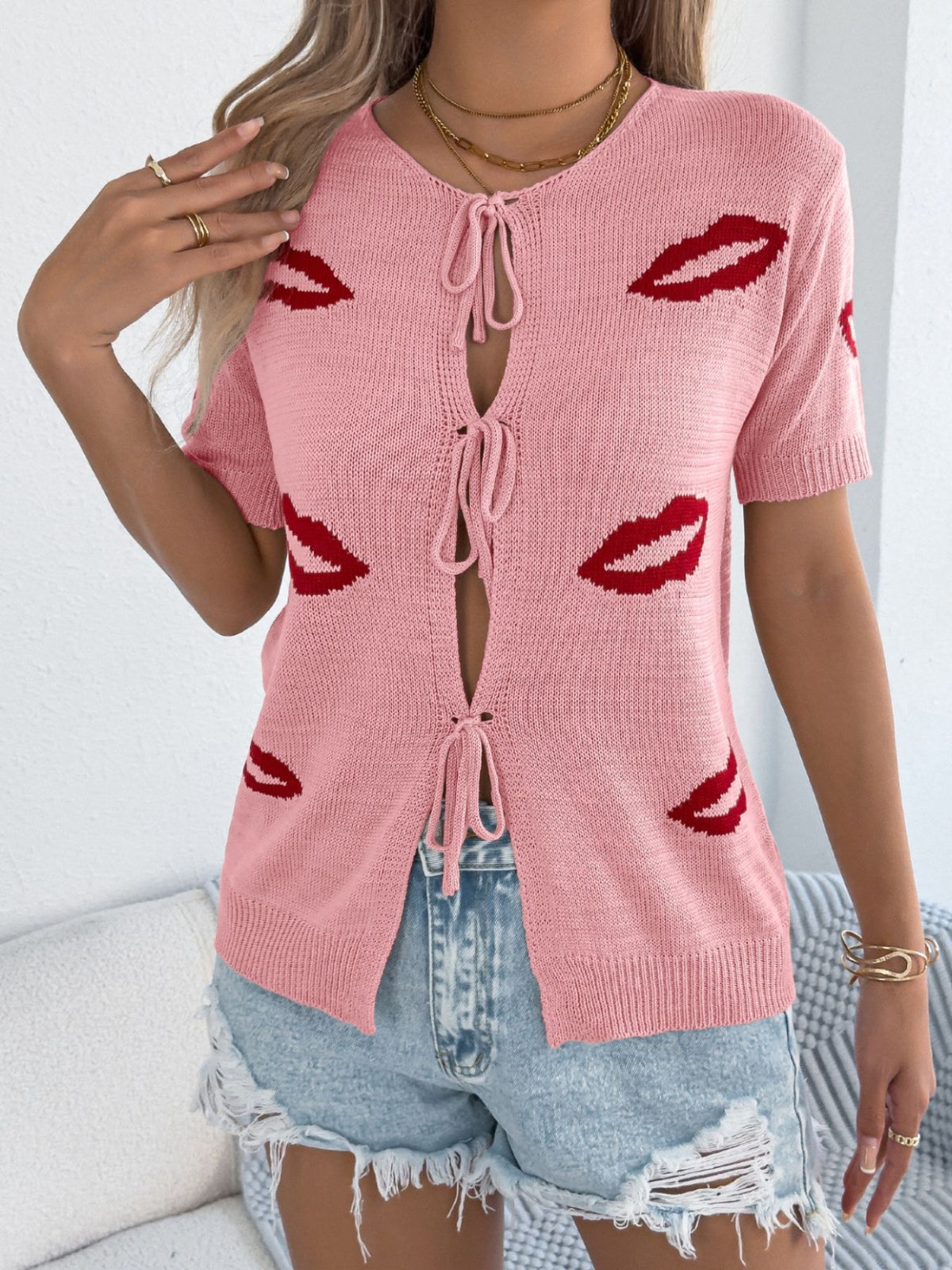 Lips Tie Front Knit Cardigan, view 10