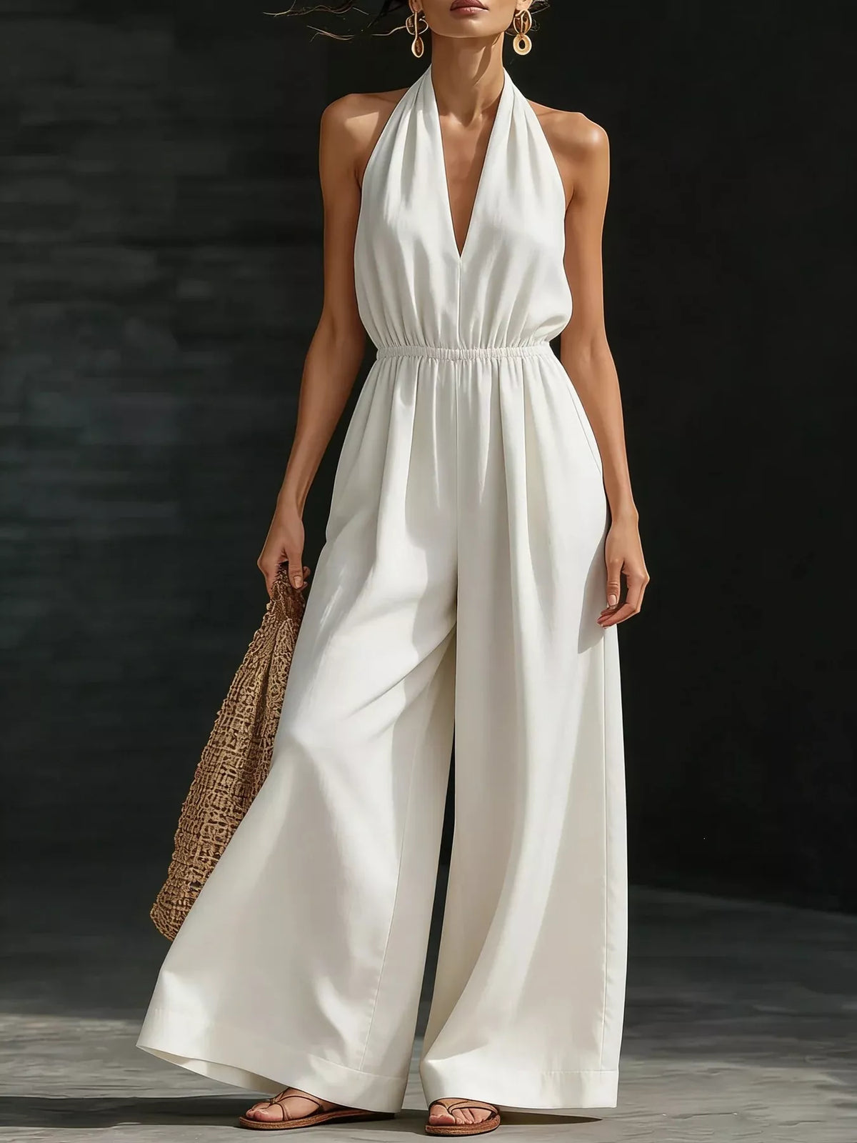 Halter neck wide leg jumpsuit front view