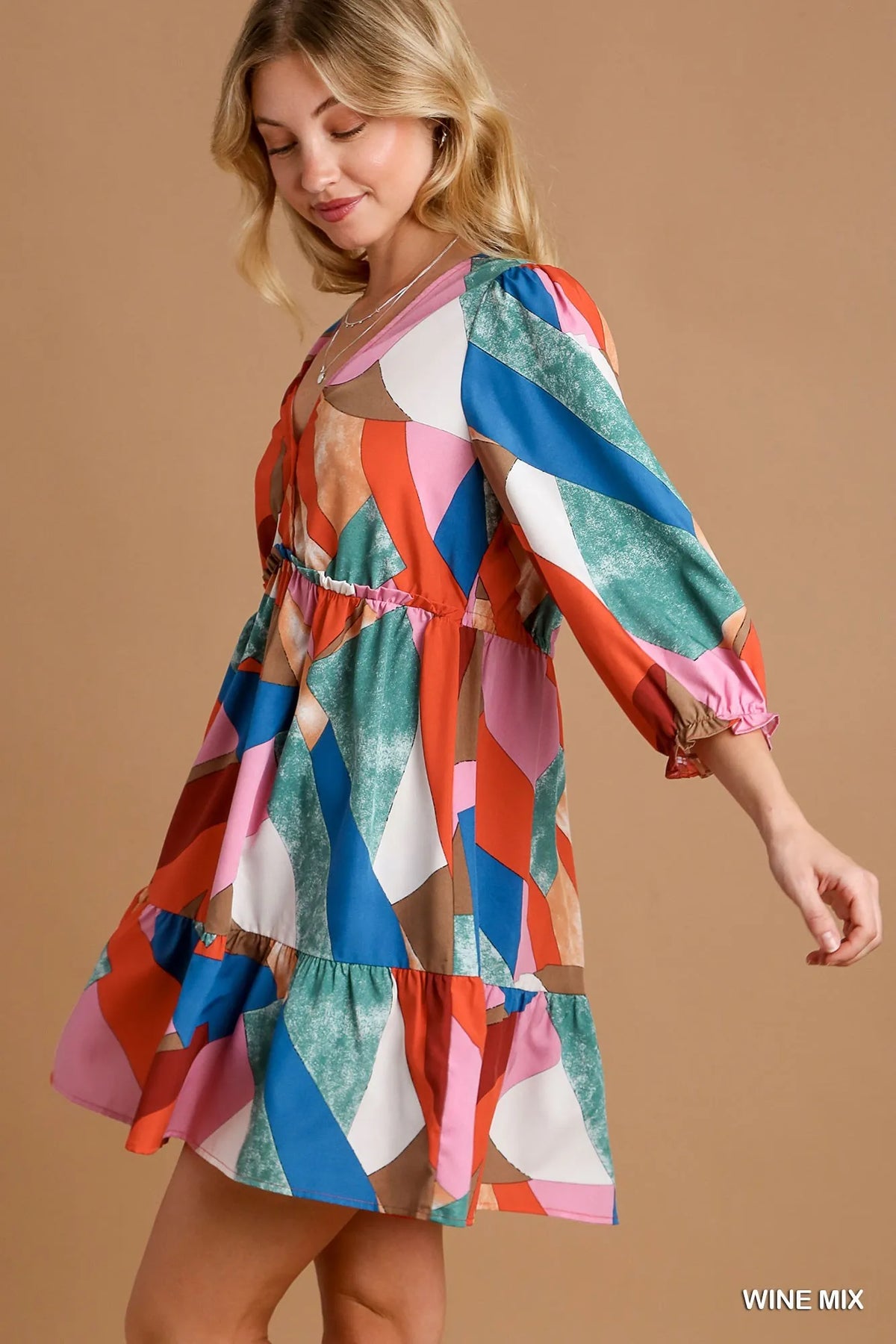 Abstract Print V Neck Tiered Dress in Wine back view