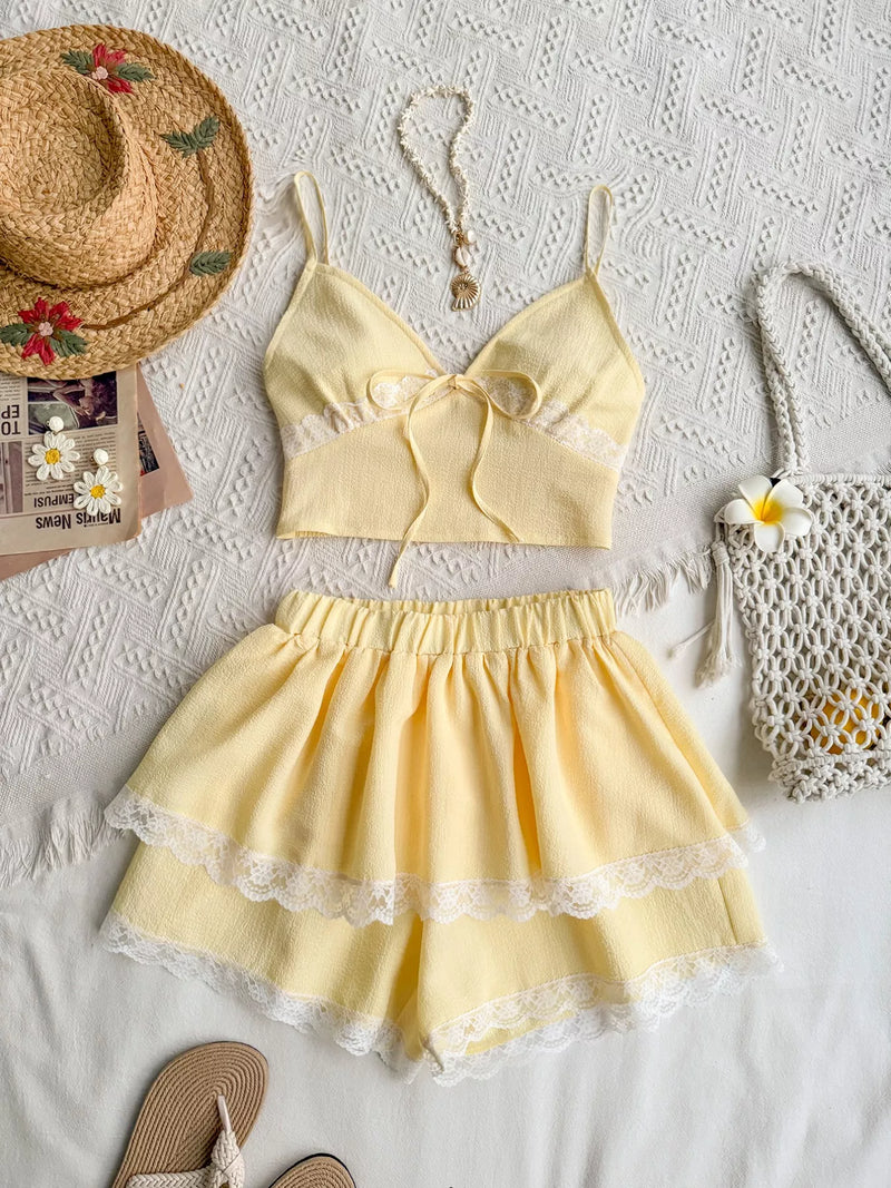 Pastel yellow smocked cami and skirt set front view