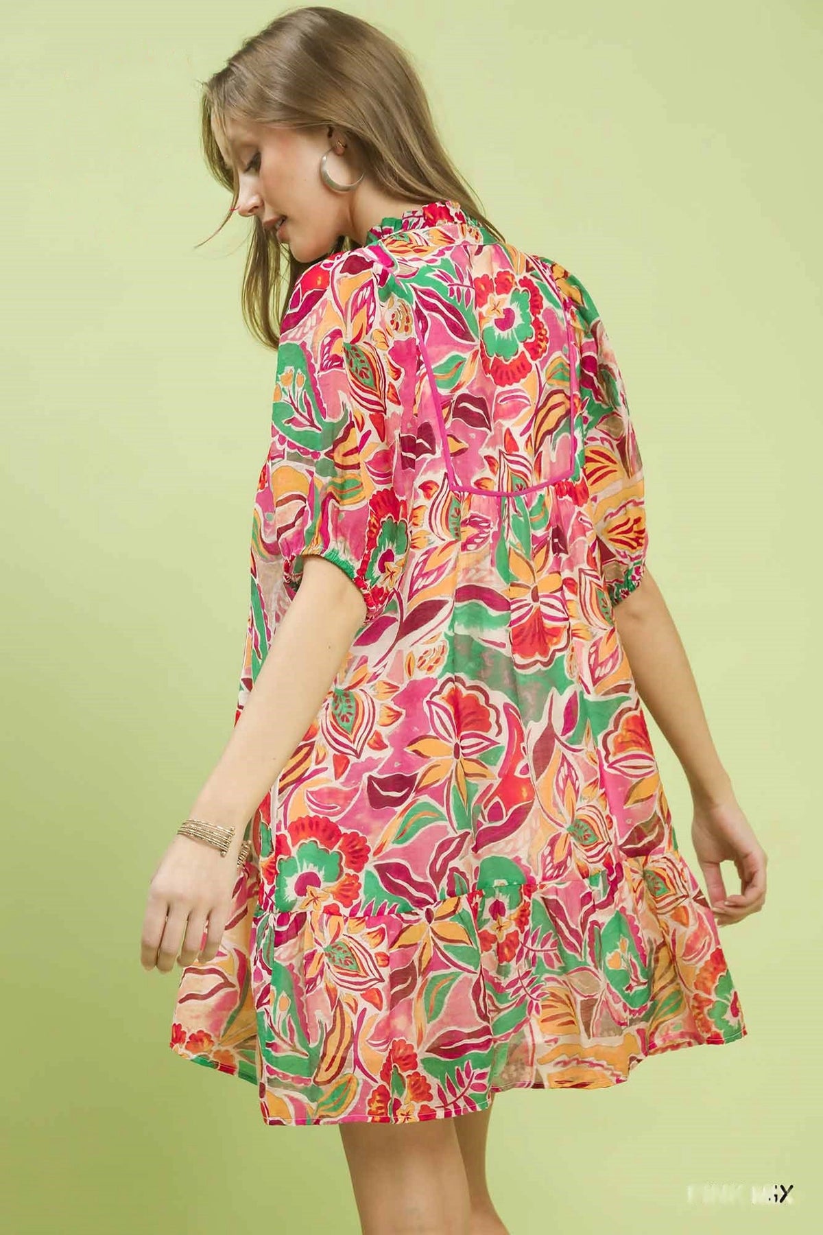 Abstract Print V Neck Babydoll Dress in Pink side view