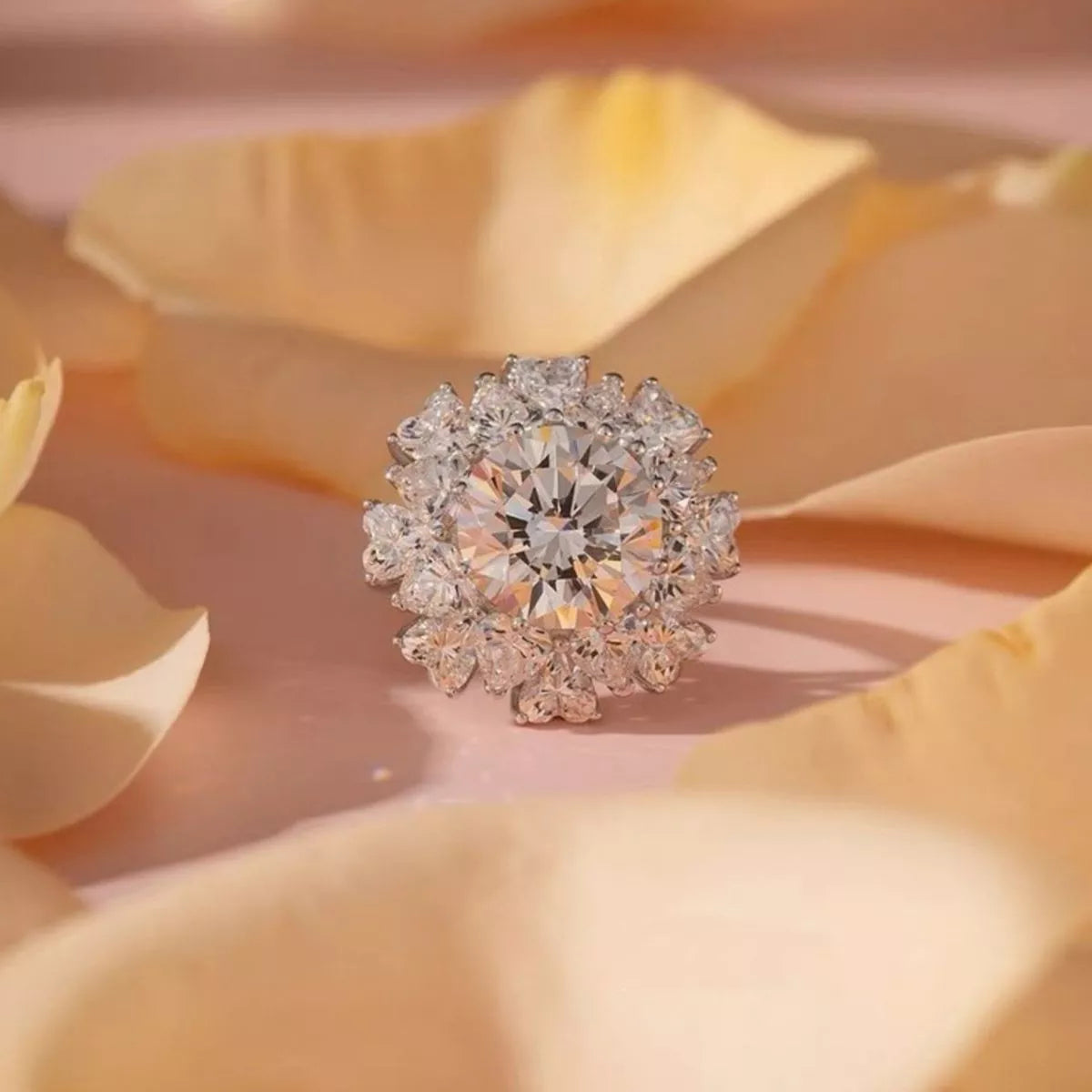 Close up of the moissanite centre stone and silver setting