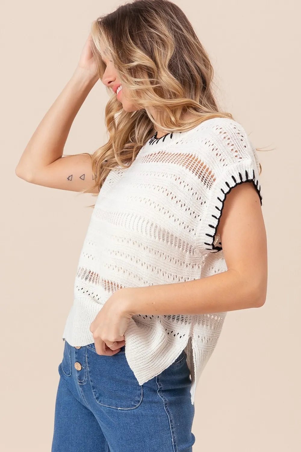 Pointelle Stitch Edge Side Slit Sweater Vest in Ivory and Black side view