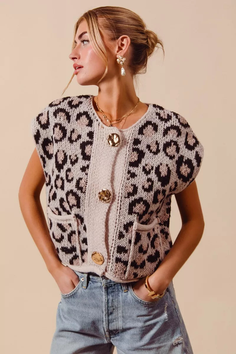 Button Front Leopard Print Sweater Vest view 7