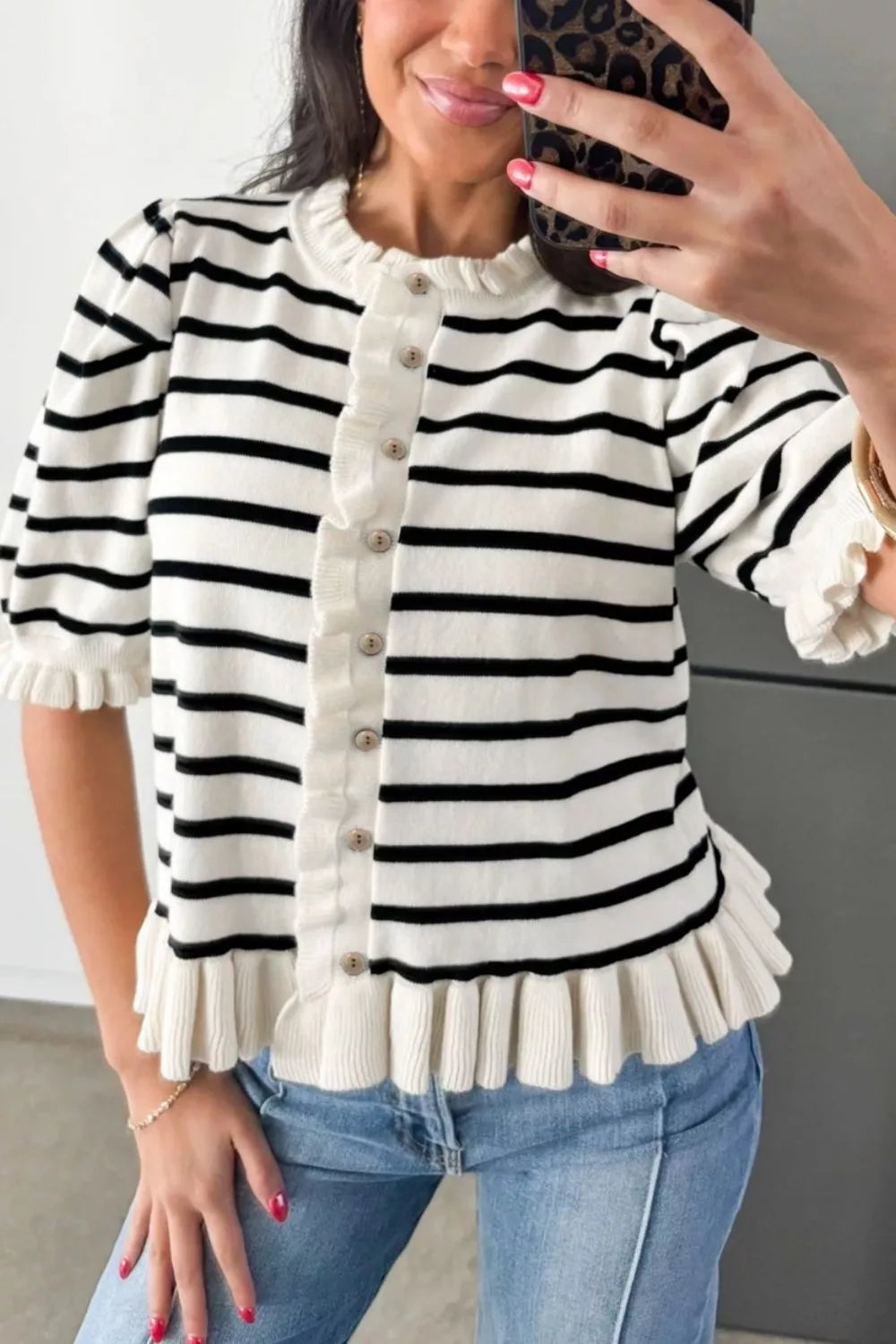 Striped cardigan ruffle trim detail