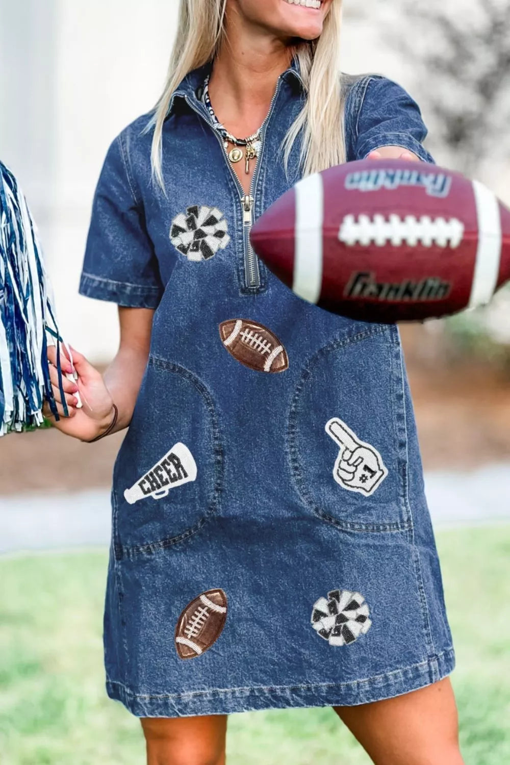 Game day denim dress zipper and pocket detail