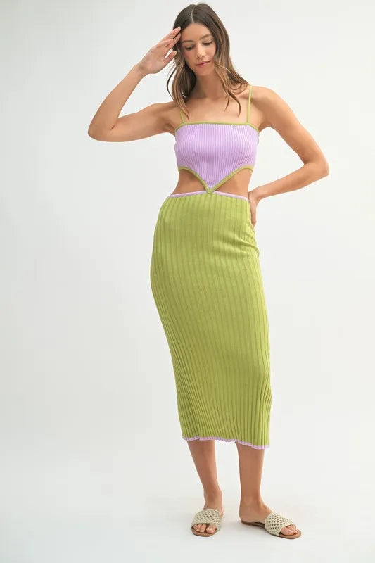 MABLE Ribbed Knit Color Block Cutout Midi Dress - Fashorio