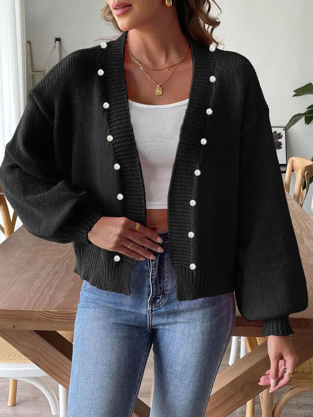 Pearl Open Front Long Sleeve Cardigan - Fashorio