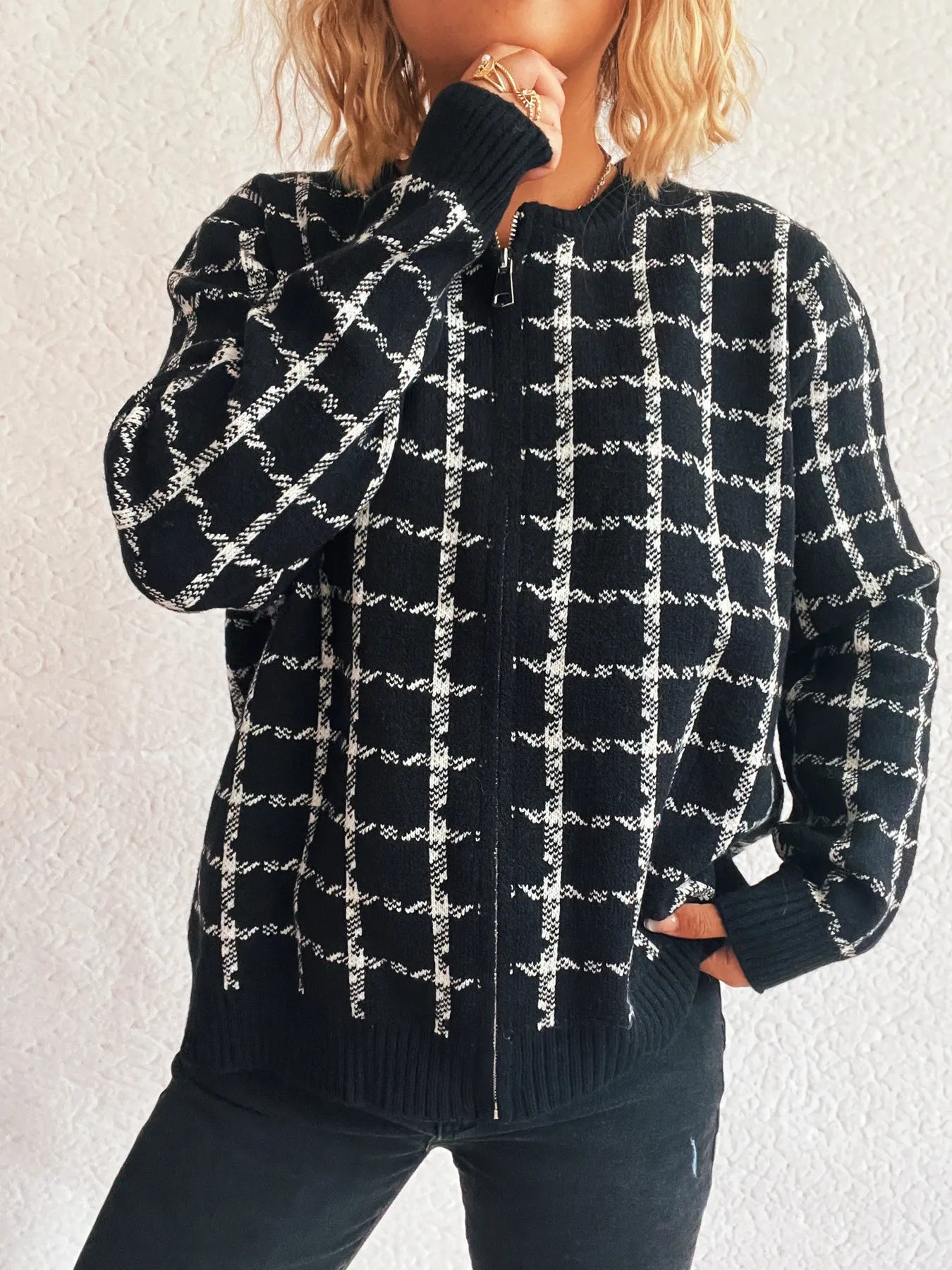 Plaid Pattern Zip Up Cardigan - Fashorio