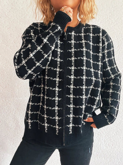Plaid Pattern Zip Up Cardigan - Fashorio