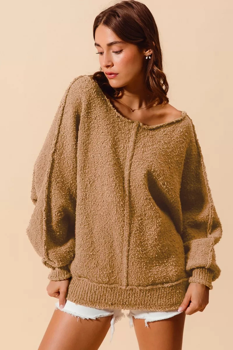 Slouchy Boucle Exposed Seam Sweater in Taupe on model