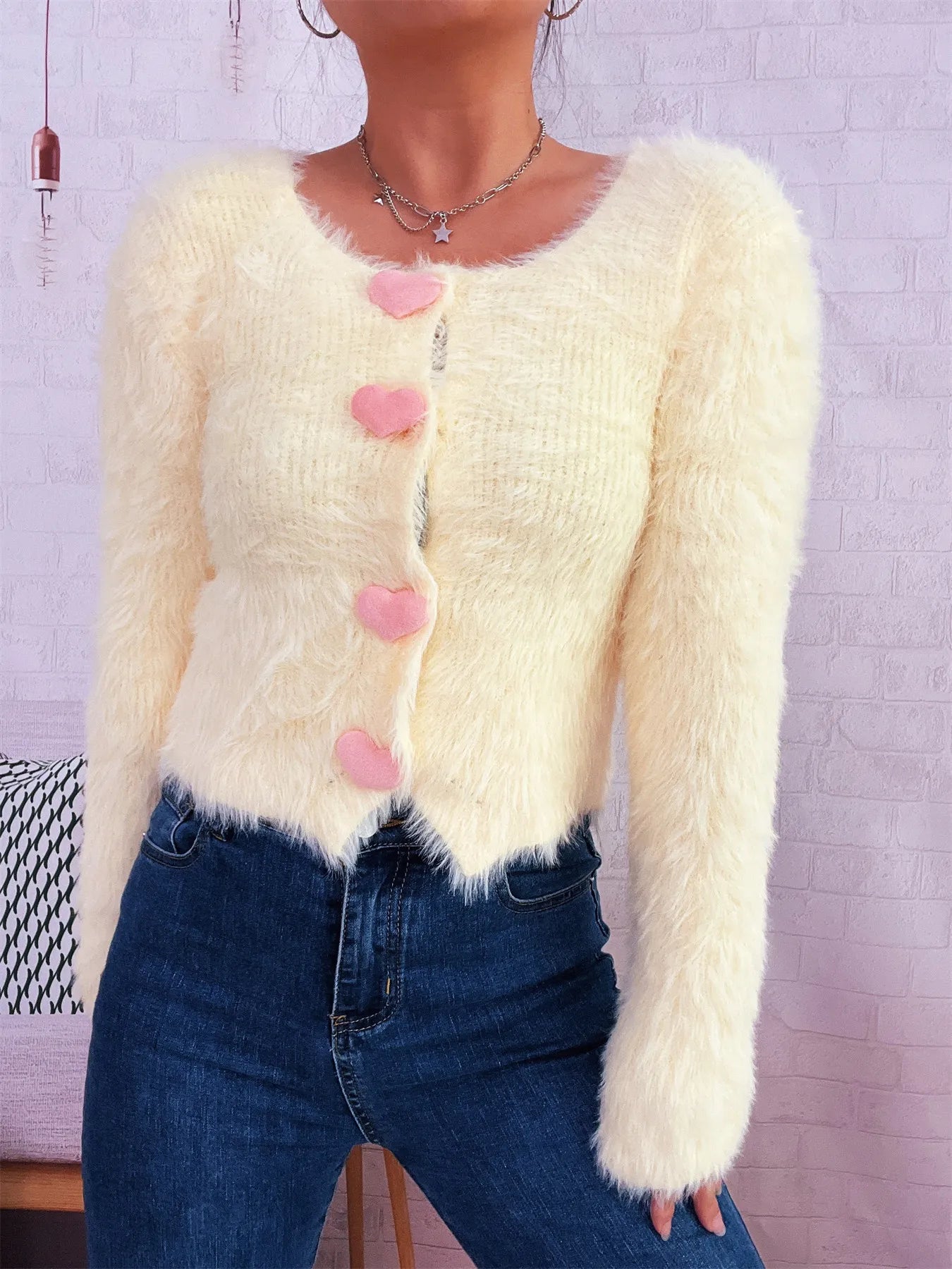 Fuzzy Heart Shape Button-Up Cardigan - Fashorio