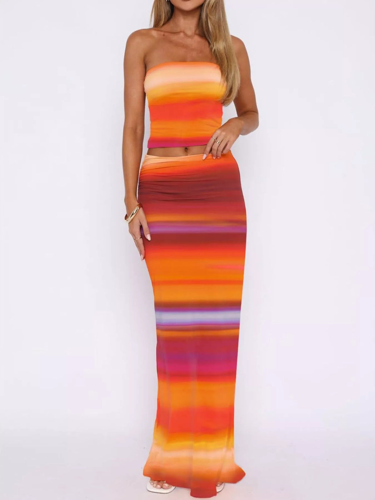 Striped tube top and skirt set front view