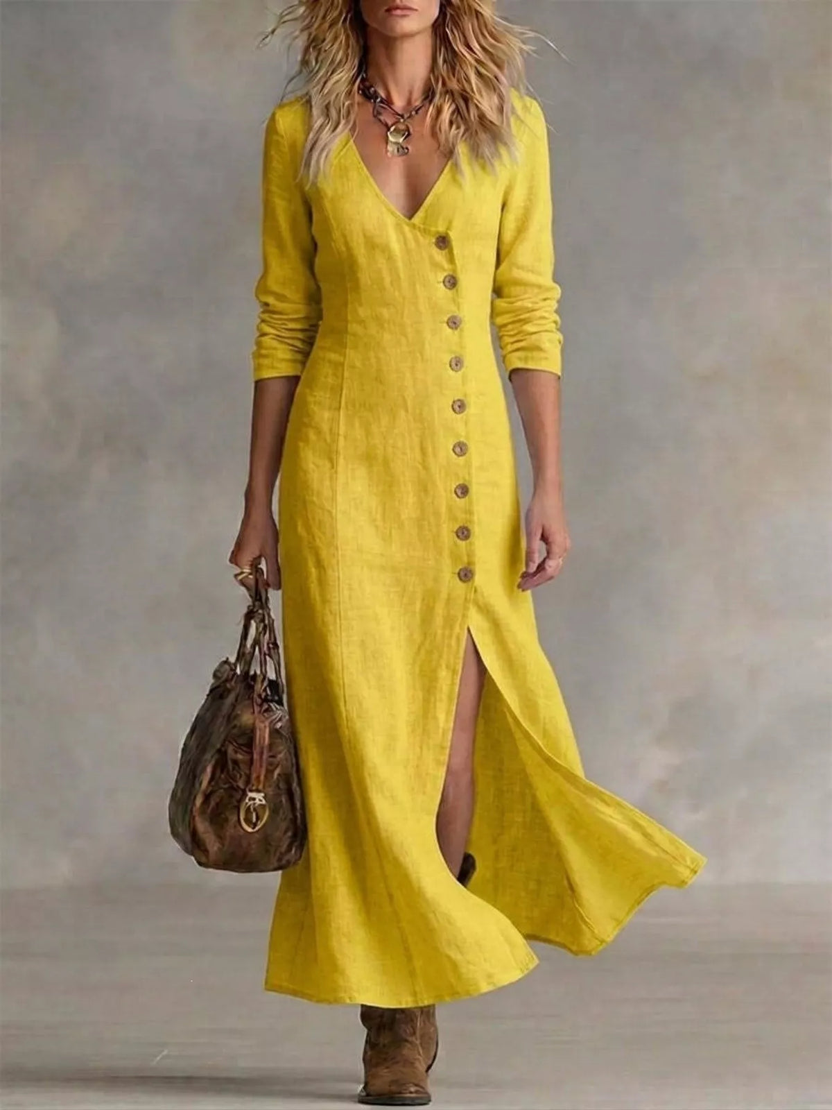Womens maxi dress with slit walking view