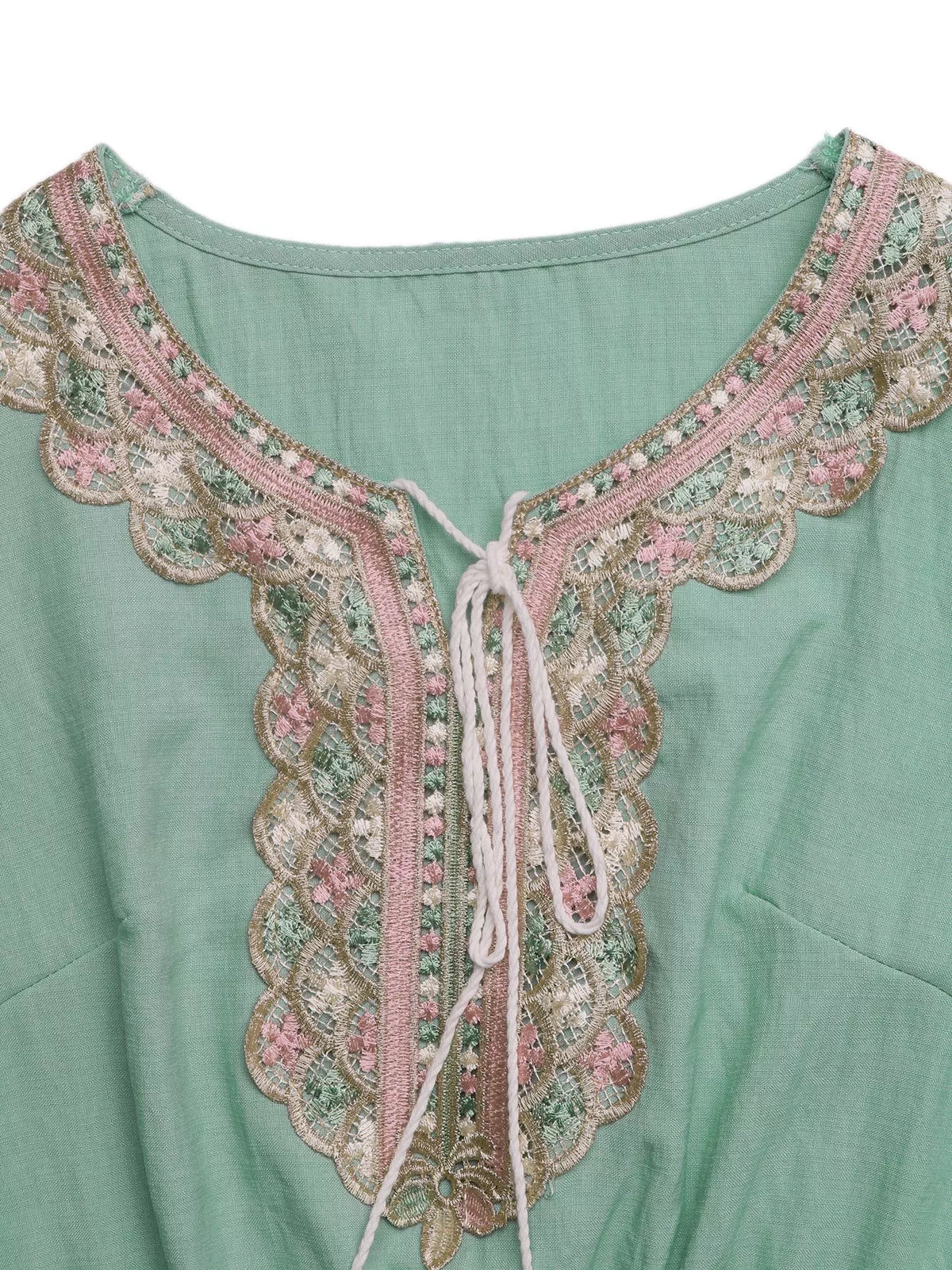 Green embroidered tie neck ruffle sleeve boho maxi dress close up view