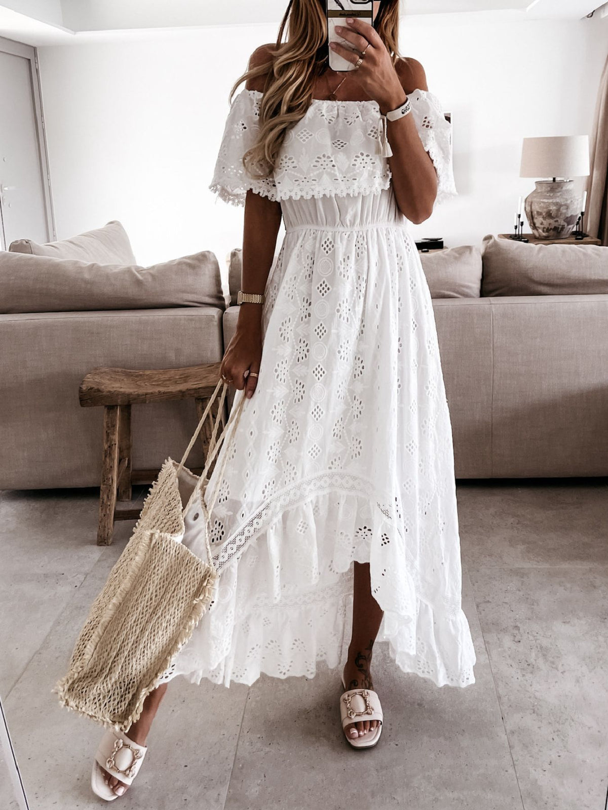 off shoulder eyelet lace maxi dress in white front view