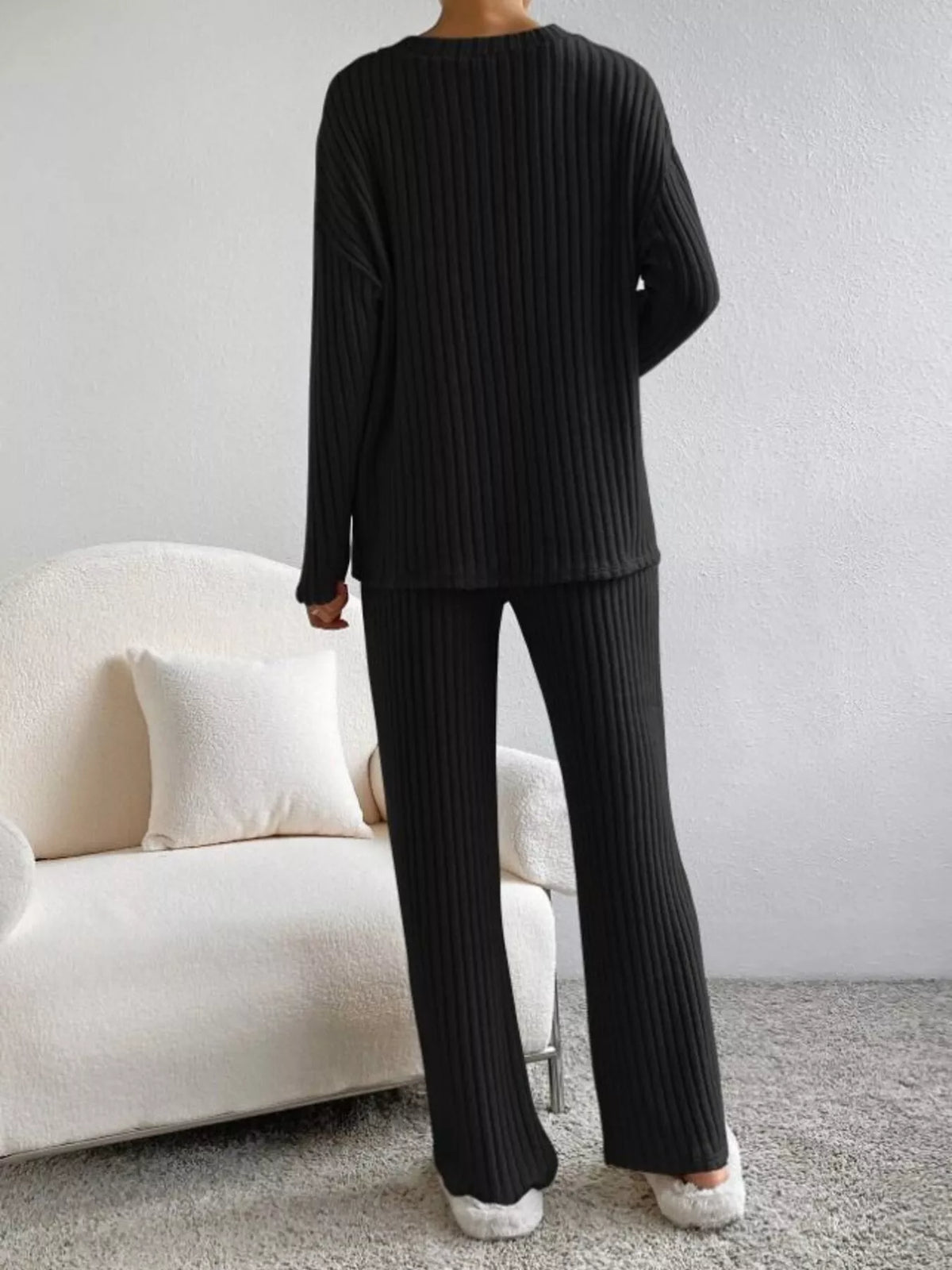 Ribbed Knit V Neck Top and Pants Set, view 10