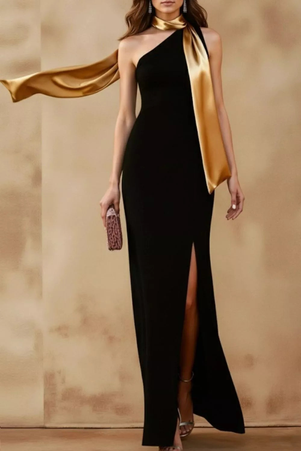 One shoulder slit maxi dress front view