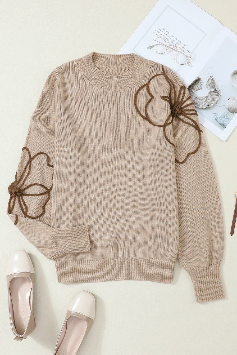 Floral Round Neck Drop Shoulder Sweater Dust Storm - Fashorio