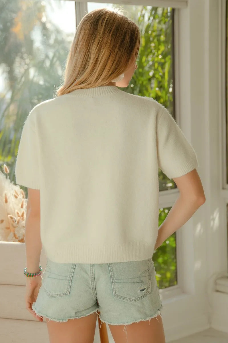 BiBi Teddy Bear With Bow Patched Sweater Button Down Top - Fashorio