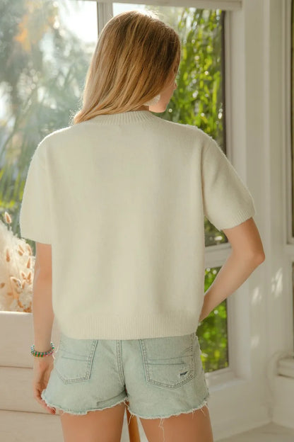 BiBi Teddy Bear With Bow Patched Sweater Button Down Top - Fashorio