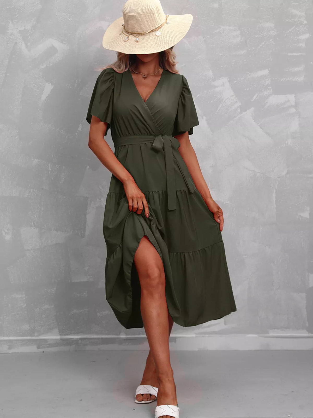 Flutter sleeve tiered midi dress detail view