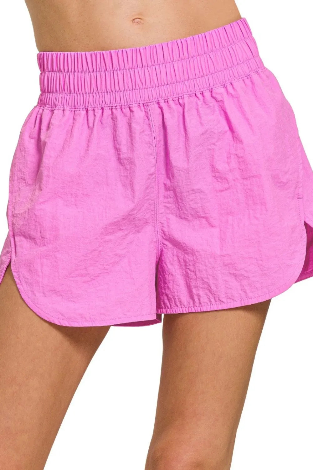 Zenana Windbreaker Smocked Waistband Running Shorts BRIGHT MAUVE - Fashorio