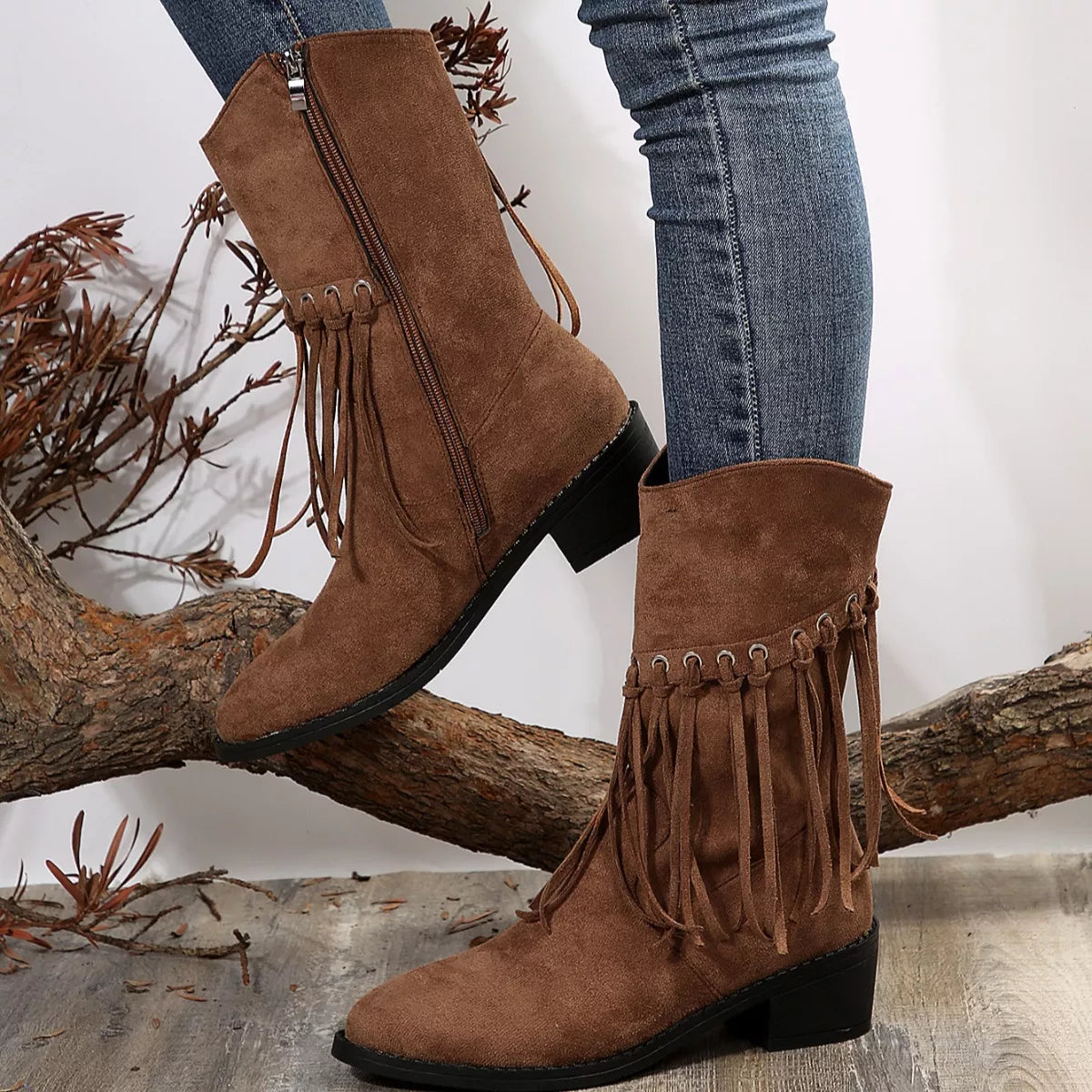 Fringe Western Block Heel Boots lifestyle view