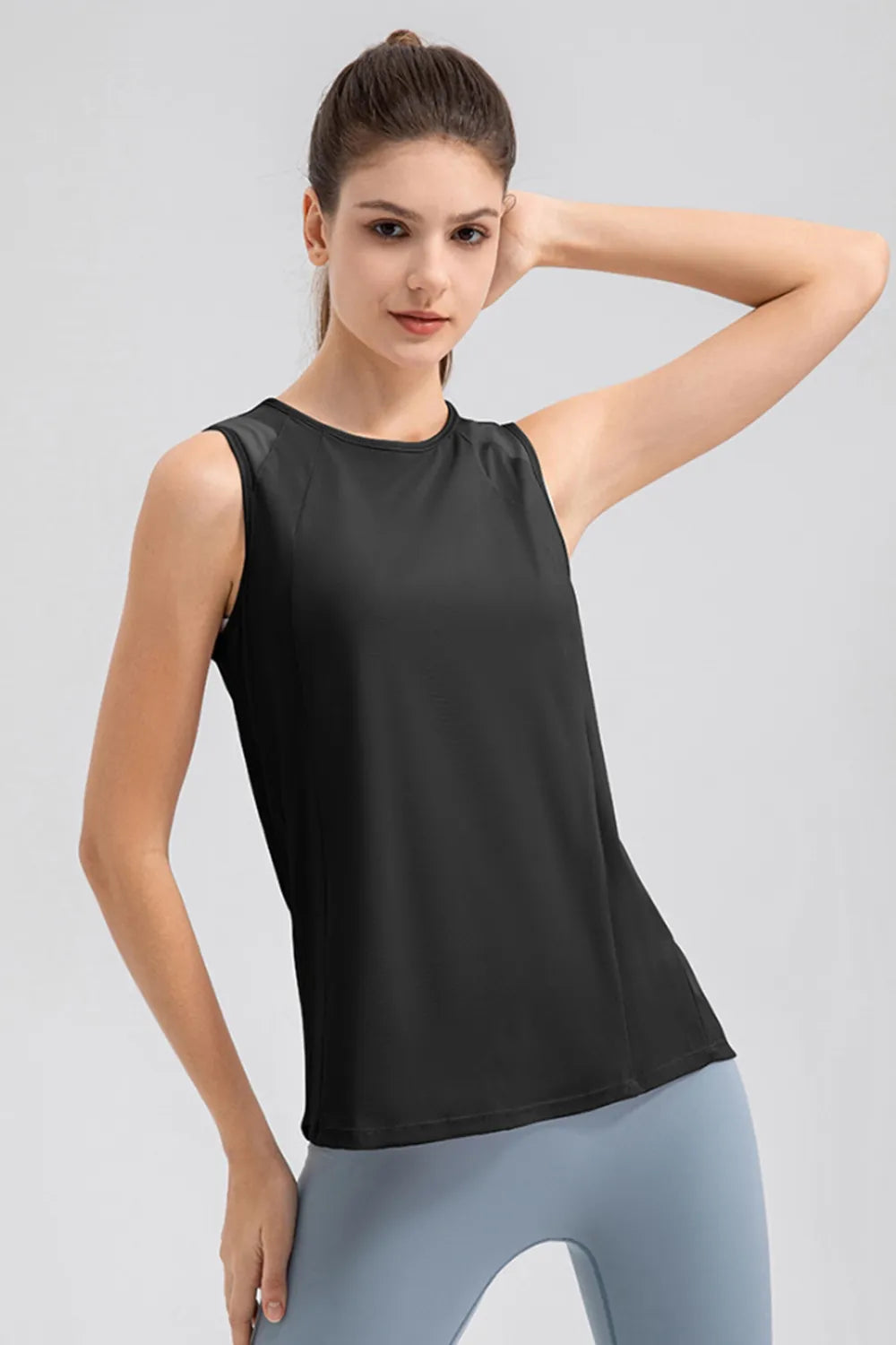 Round Neck Wide Strap Active Tank full length view