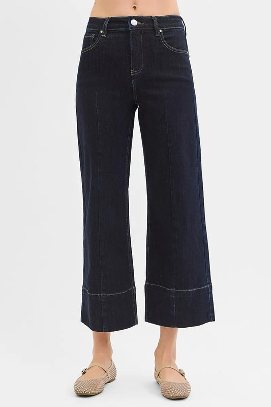 RISEN Tummy Control High Rise Crop Wide Seam Detailed Jeans SOLID DARK - Fashorio