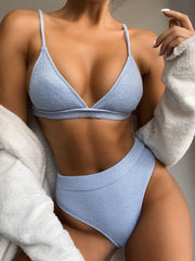 Spaghetti Strap Ribbed Bikini Set - Removable Padding Light Blue - Fashorio
