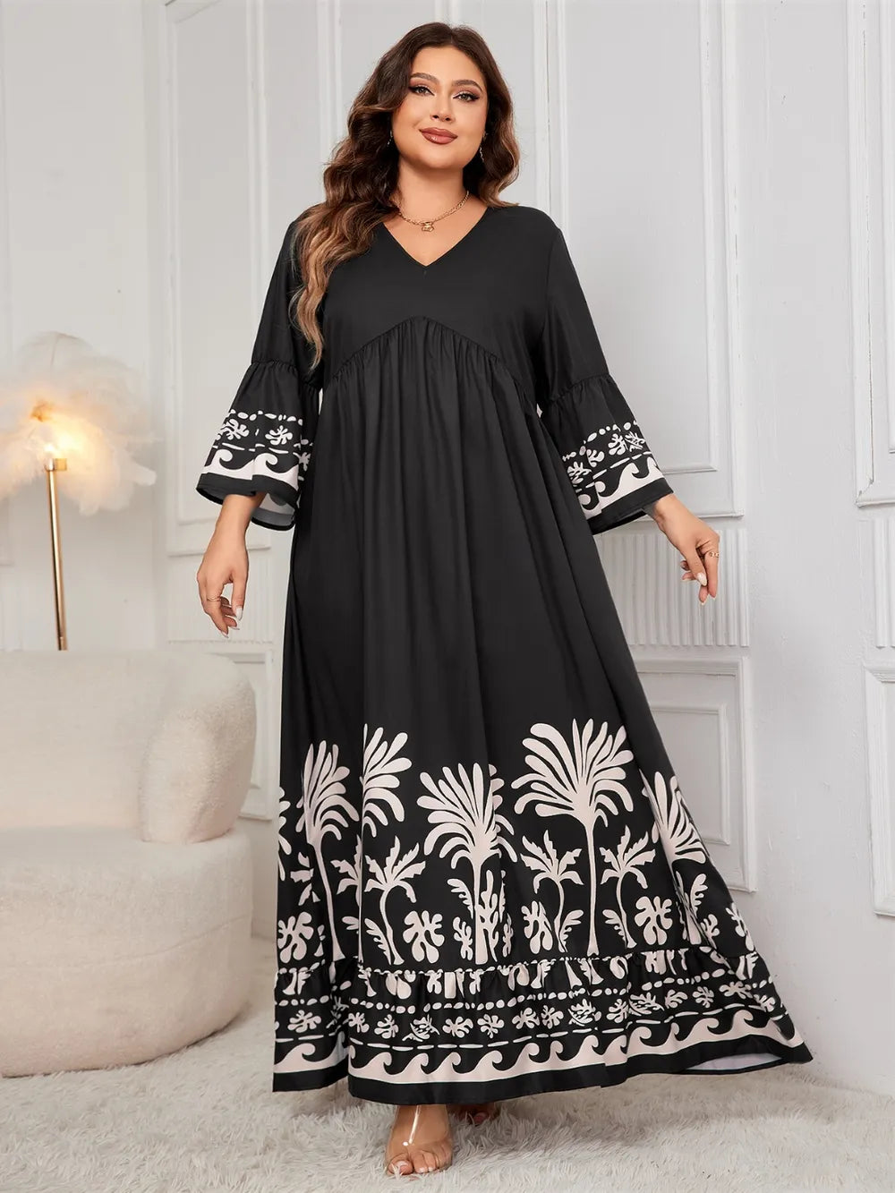Black printed V neck long sleeve plus size maxi dress styled view