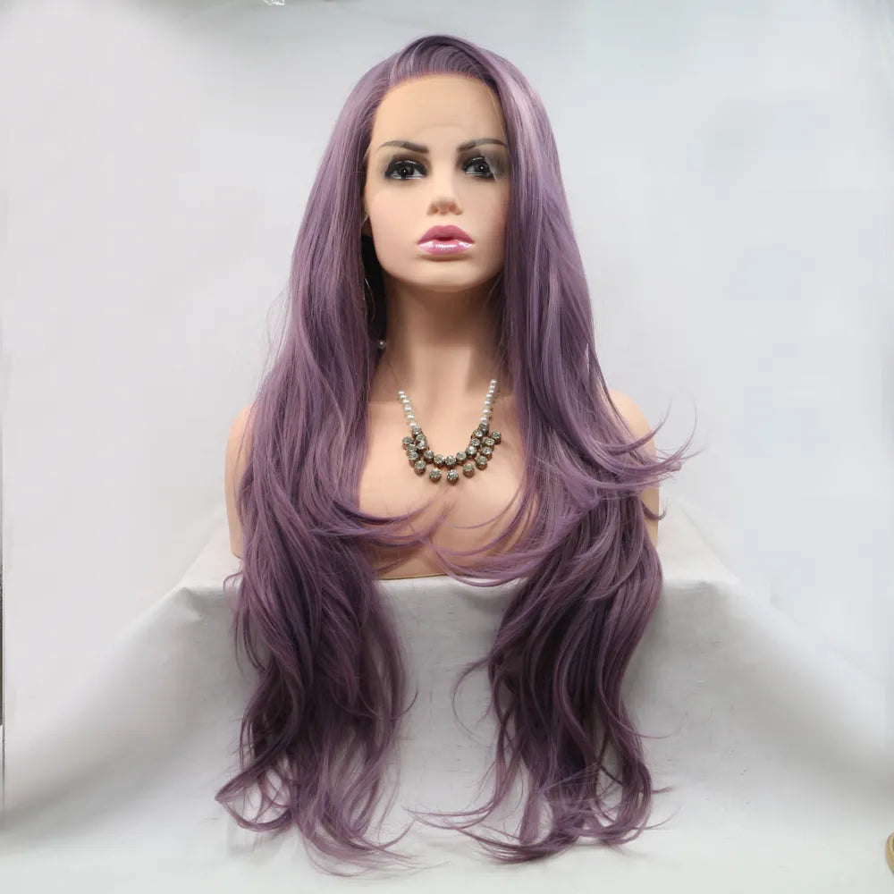 Long wavy purple lace front wig front view