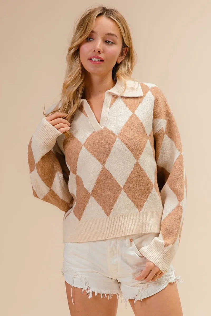 BiBi Diamond Pattern Collared Notch Neck Sweater - Fashorio