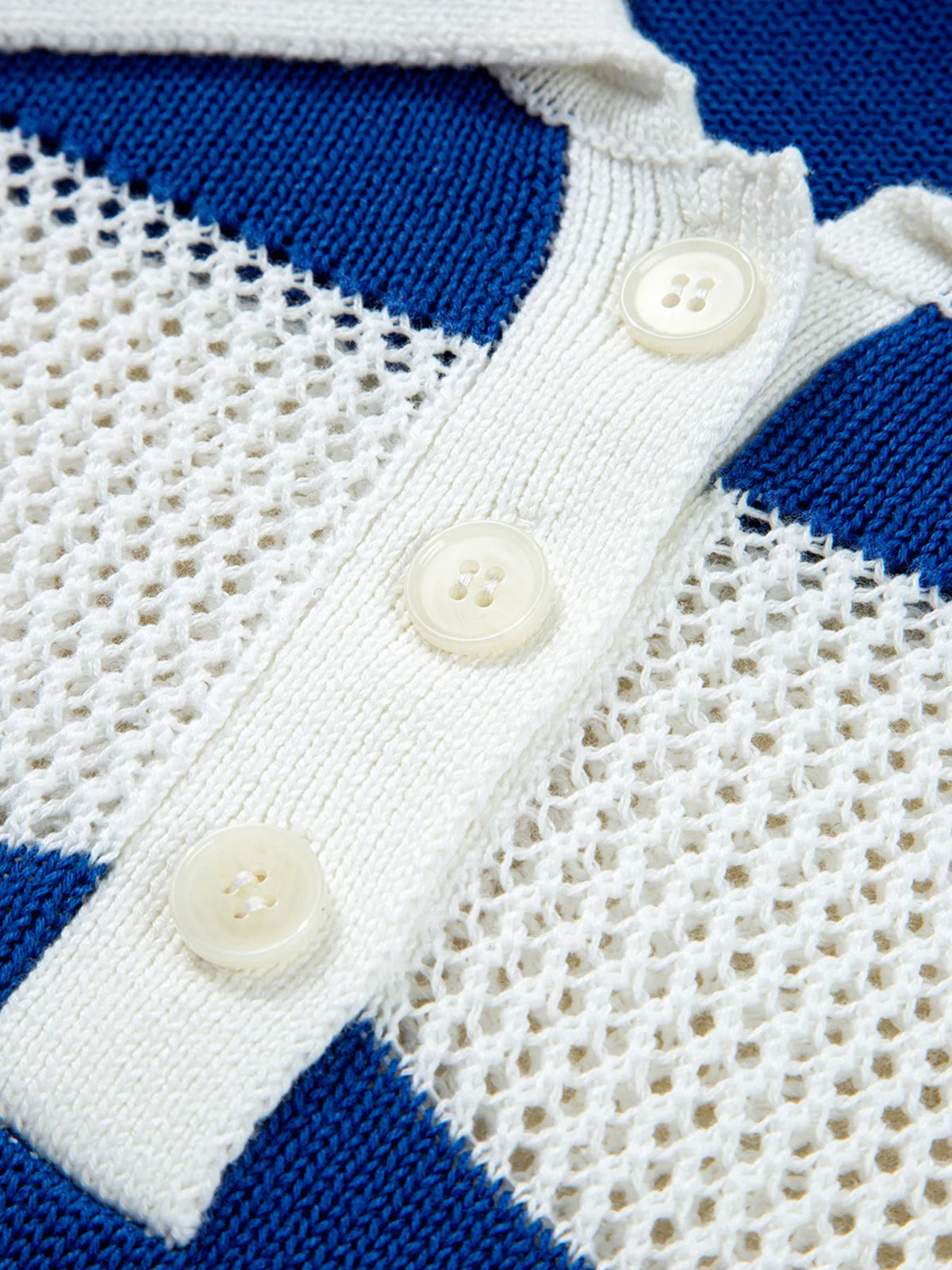 Dusty blue striped crochet polo cover up texture close up