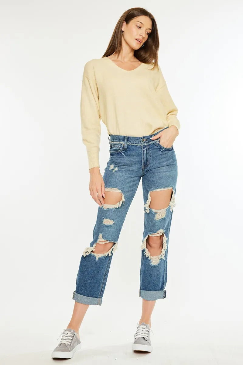 Distressed mid rise boyfriend jeans front view