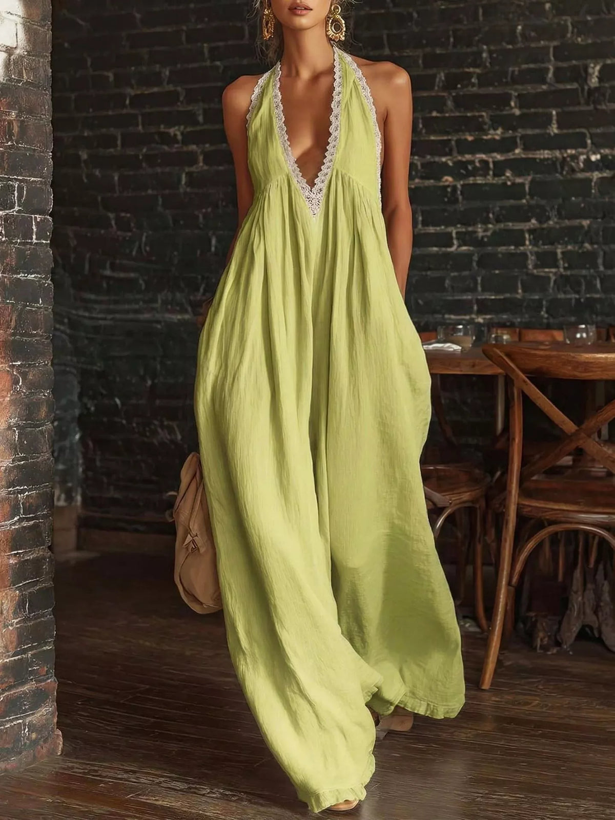 Halter neck lace trim jumpsuit styled look