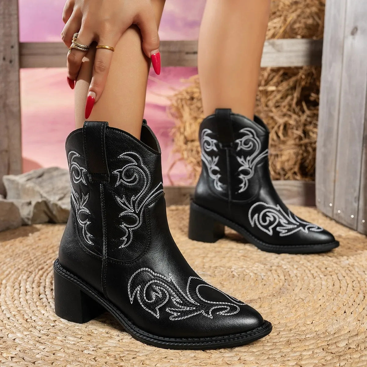 Classic point toe block heel boots front view